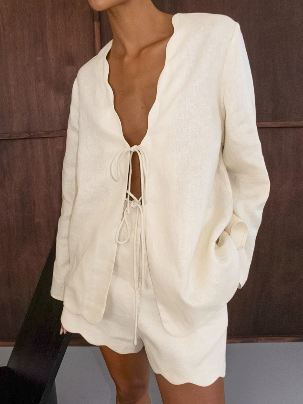 ZARA Spring Summer Cotton Tie Cardigan Shorts Set Lazy Loose Casual Two Piece
